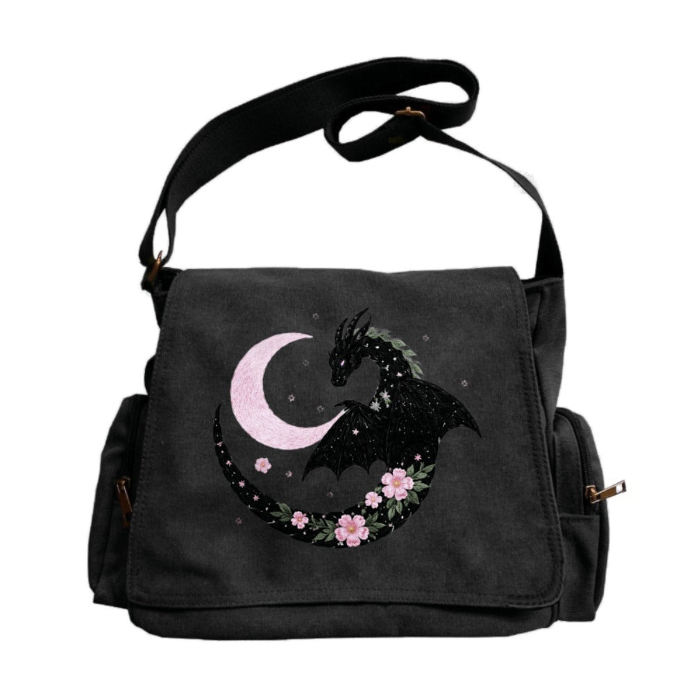 Large-capacity Flip-top Retro Tote Messenger Bag | Black Dragon Surrounded by Pink Moon with Cherry Blossom Pattern, Suitable for Daily Travel and Dating, Ideal Gift Choice, Material