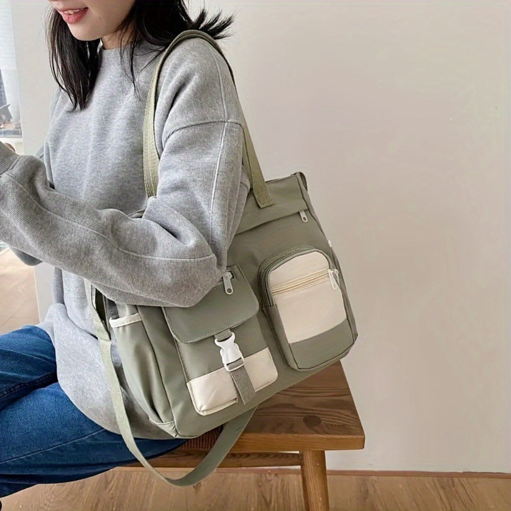 Artistic Girl Large Capacity Shoulder Bag, Versatile Student Contrast Color Messenger Bag, Portable Canvas Bag