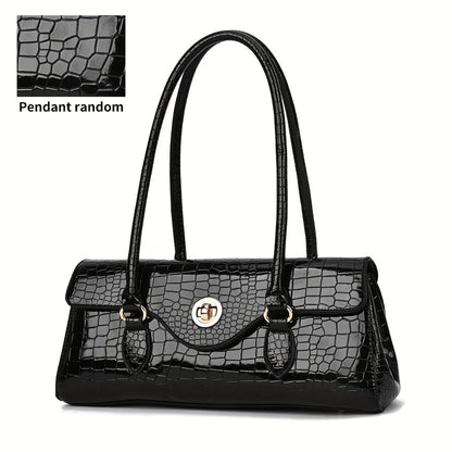 Women's Handbag, Shoulder Bag, and Tote Bag with High-Gloss Crocodile-Embossed Textured Pattern, Randomly Cut, Shoulder Bag, Crossbody Bag, Tote Bag with Metal Round Lock Clasp