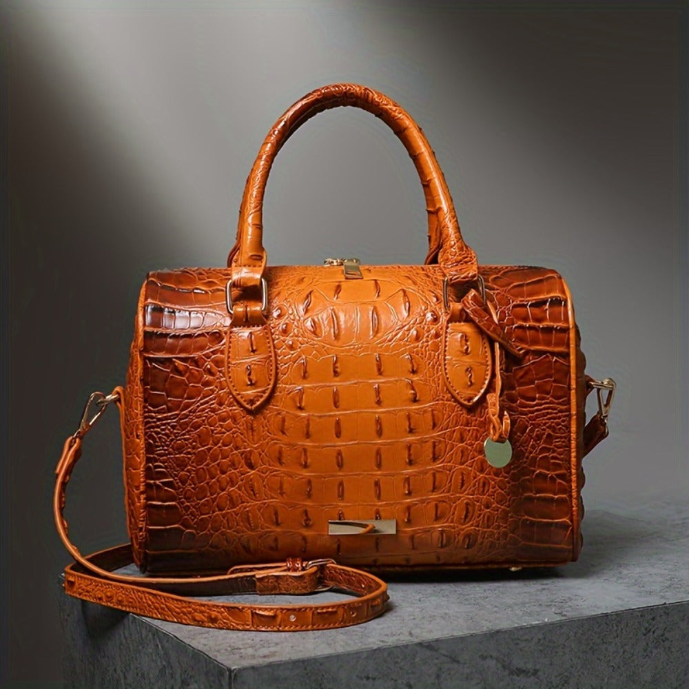 Gradient Crocodile Embossed Boston Bag for Women, Vintage Glossy Synthetic Leather Barrel Handbag with Detachable Crossbody Strap, Luxury Top Handle Shoulder Purse, Large Capacity Daily Commute Handbags
