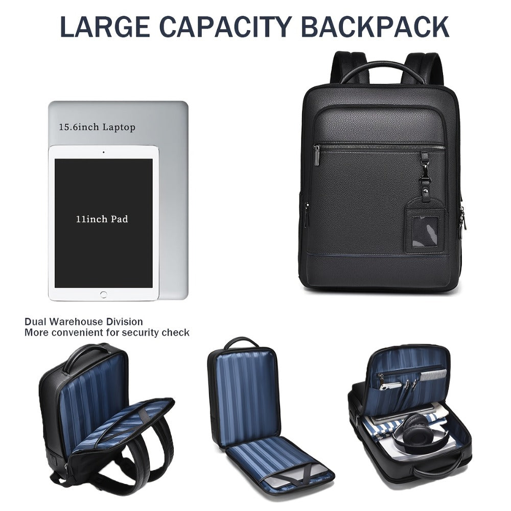 Genuine Leather Laptop Backpack for Men Fit 15.6 Inch Laptop, Business Work Office College Medium Backpack with USB Charging Port, High Quality Black Travel School Bag