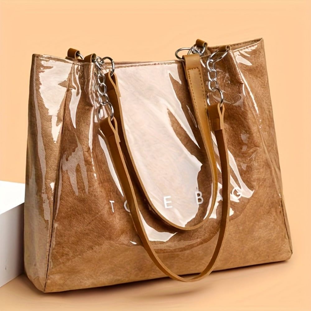 Fashionable Ladies Handbag with One Shoulder Bag Transparent Design, Zipper Closure, Polyester Lining - Perfect for Everyday Use Or Gift-available - Available In Black, Golden,  And Brown