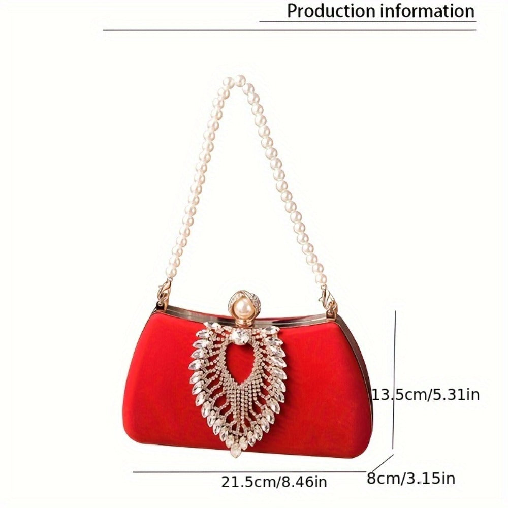 Sophisticated Evening Clutch Made of Velvet, Adorned with Rhinestones And Featuring a Pearl Handle, Perfect for Weddings, Parties, And Formal Dinners