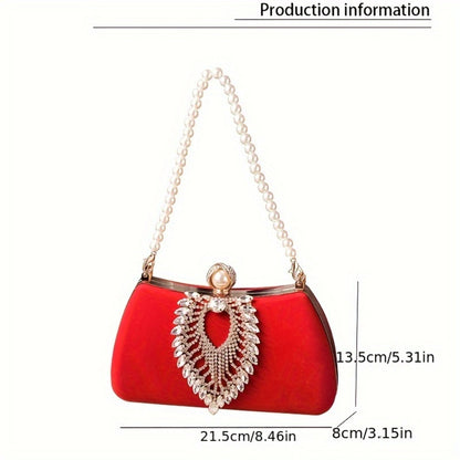 Sophisticated Evening Clutch Made of Velvet, Adorned with Rhinestones And Featuring a Pearl Handle, Perfect for Weddings, Parties, And Formal Dinners