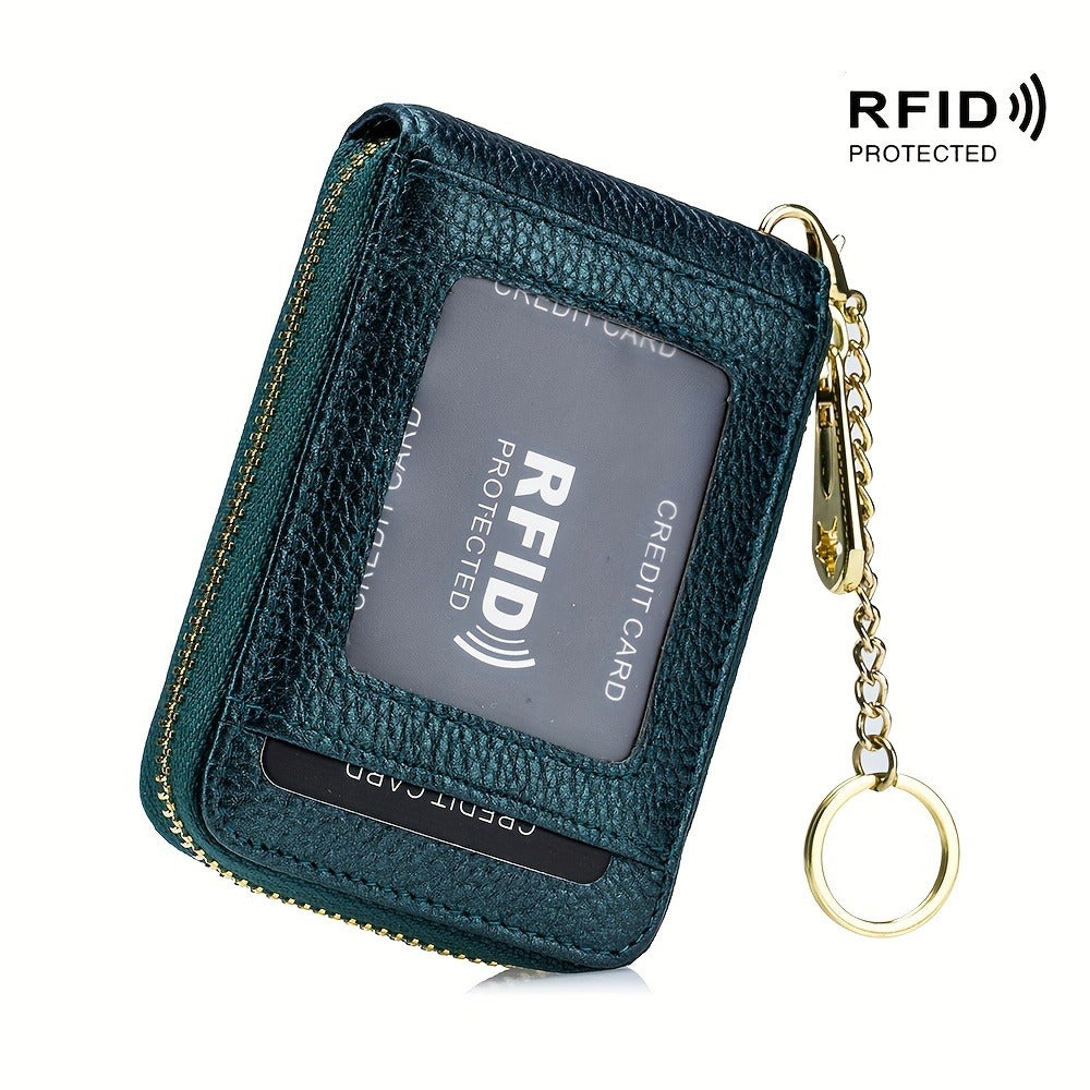 RFID Blocking Credit Card Holder Wallet With Keychain & ID Window Small Leather Zipper Card Case For Women (Vertical 12 Slots)