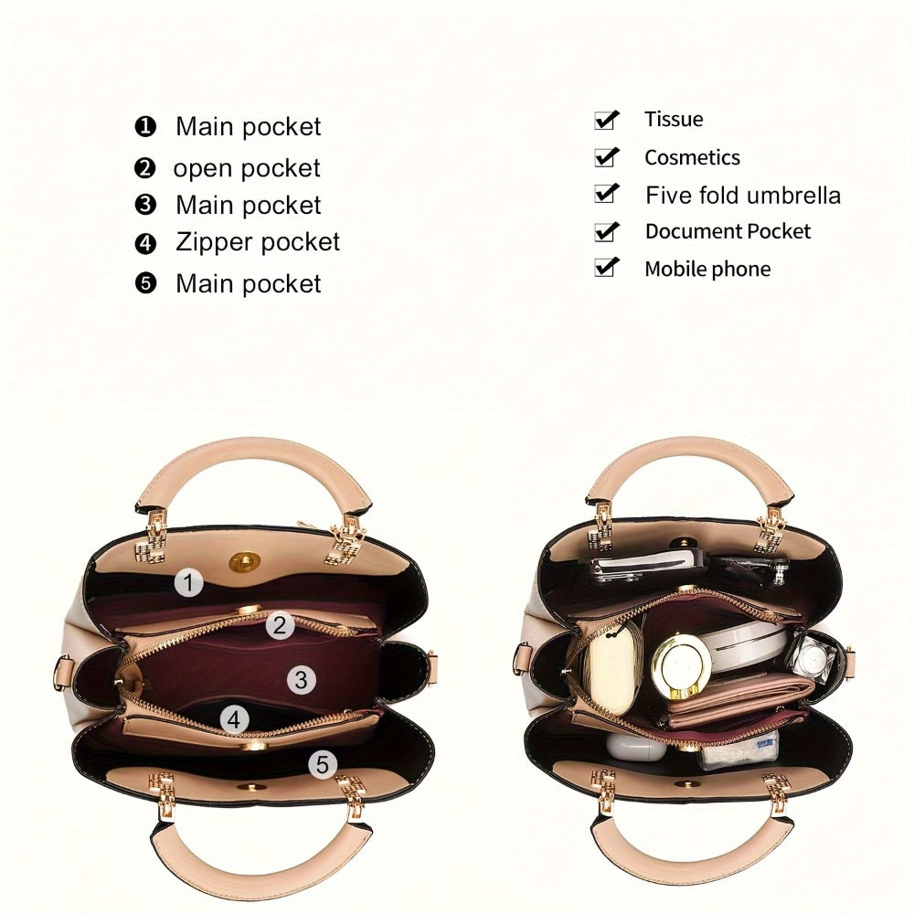 2pcs Set Fashion Colorblock Tote Bag with Shoulder Strap And Matching Clutch, Women'S Elegant Handbag And Crossbody Purse Combo