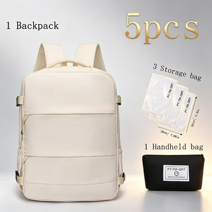5pcs Women'S Backpack Large Capacity Travel Bag, Expandable Large Capacity Luggage Backpack, Solid Color Business Weekend Bag with Shoe Compartment, Adjustable Straps, 180° Opening, Airline Travel Standard, Multiple Colors Available