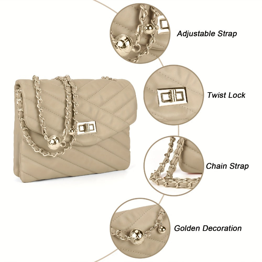 New Fashion Diamond Lattice Soft Chain Bag, Leisure And Easy with Pure Color PU Ladies Daily Travel Crossbody Bag