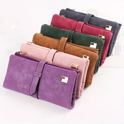 Retro Frosted Long Clutch Wallet Solid Color Multi Card Slots Money Purse Phone Handbag for Women