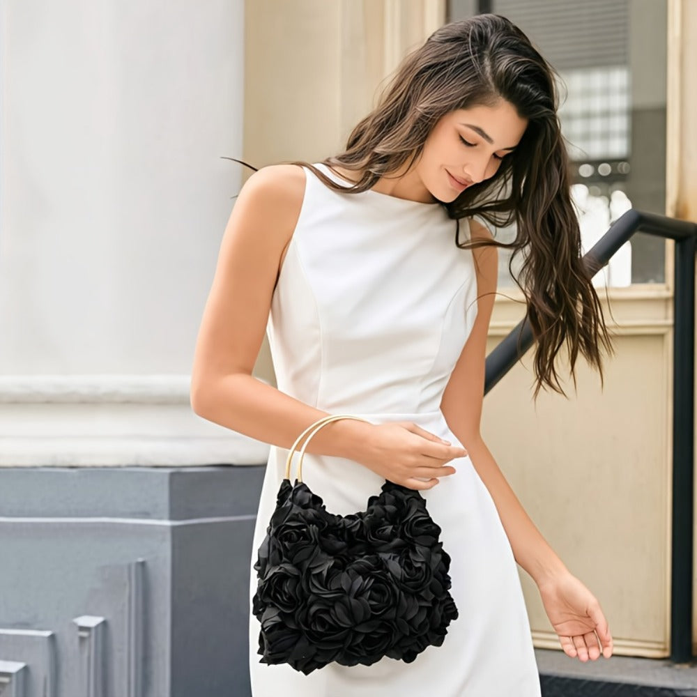 [Weddings And Prom] Women's Elegant Dinner Clutch Rose Flora Lace Trim-Nylon/Wedding Handbag for Party, Prom, Night Out Buckle Opening White/Black for Party Clutch for Special Events, Weddings And Prom