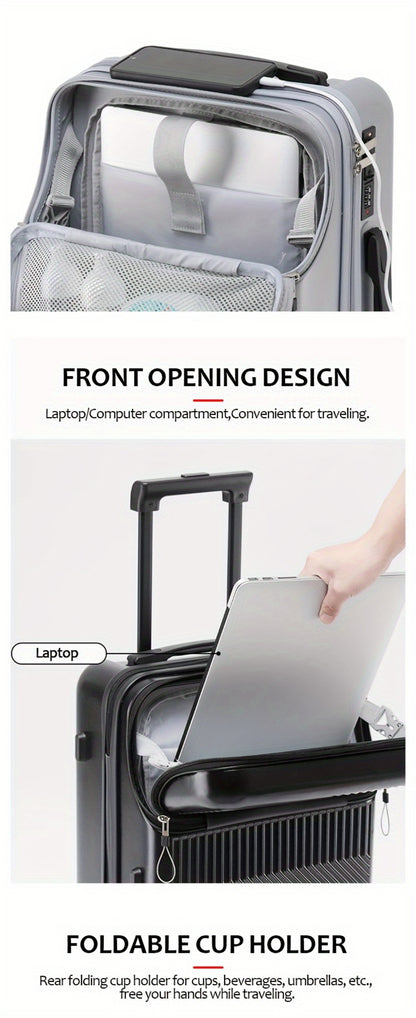 Large Capacity Trolley Case with Front Open Compartment, Functional Travel Suitcase, Luggage with Password Lock And Cup Holder, to Make Your Journey More Convenient And Safe