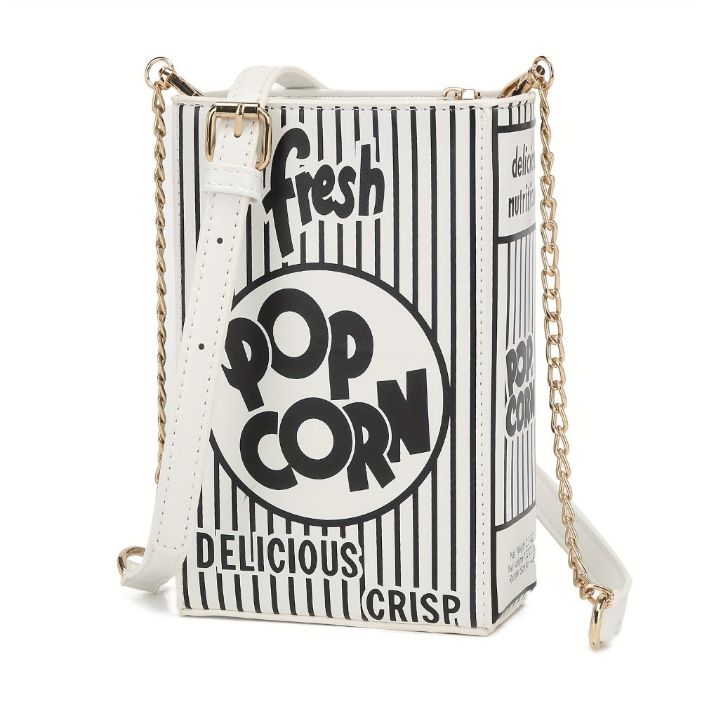 Trendy Popcorn Box Design Handbag for Women, Featuring a Crossbody Style with a Chain Strap, a Distinctive Square Shape, And an Adjustable Wallet