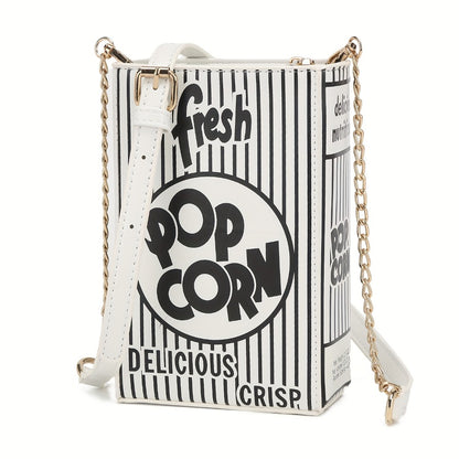 Trendy Popcorn Box Design Handbag for Women, Featuring a Crossbody Style with a Chain Strap, a Distinctive Square Shape, And an Adjustable Wallet