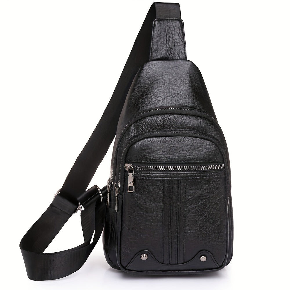 Men'S Chest Bag Sling Backpack Faux Leather Retro Crossbody Bag Shoulder Bag Unisex Soft Faux Leather