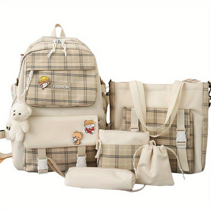 Cute Plaid Cartoon Canvas Five-Piece School Bag, Large Capacity Casual Simple Backpack, Women's Travel Bag Cosmetic Bag, for Girls And Women, Suitable Stationery Bag, Women's Wallet, Women's Crossbody Bag, Women's Hand Bag