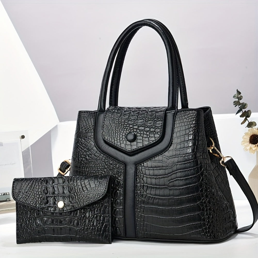 Stylish Women's Bag, Crocodile Pattern Two-piece Set Mother And Son Bag, Tote Bag, Simple And Versatile Large Capacity Handbag, Shoulder Bag, Crossbody Bag, Large Bag with Wallet