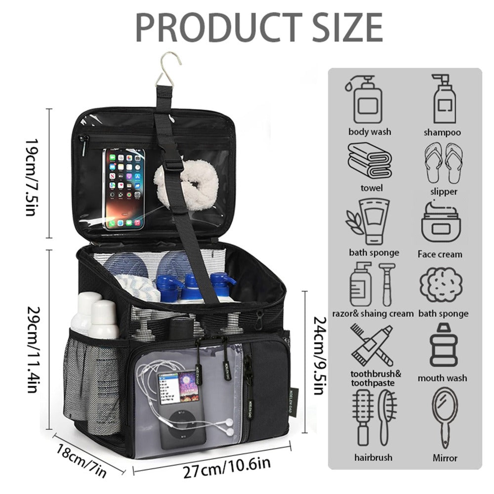 Portable Shower Organizer, Mesh Tote, Fast-Drying Hanging Toiletry Bag with Handle, Suitable for Both Men And Women, for Bathroom Gym Travel And Camping, for College Dorms, Black