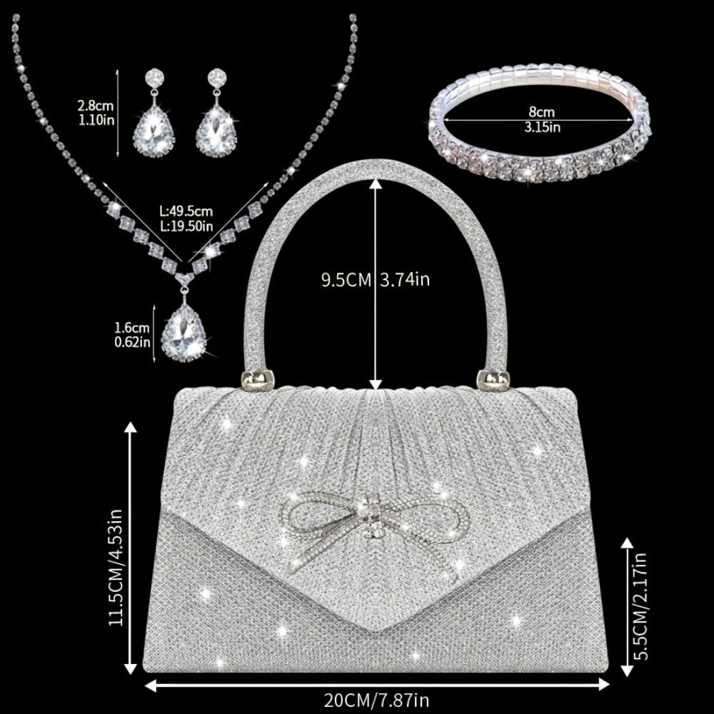 [Elegant Sequin Clutch Set] Elegant Champagne Sequin Clutch with Rhinestone Bow - Matching Rhinestone Earrings, Necklace & Bracelet Set | Ideal Valentine's Day Gift for Women, Party Accessory | Detailed Closure