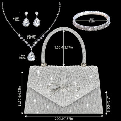 [Elegant Sequin Clutch Set] Elegant Champagne Sequin Clutch with Rhinestone Bow - Matching Rhinestone Earrings, Necklace & Bracelet Set | Ideal Valentine's Day Gift for Women, Party Accessory | Detailed Closure