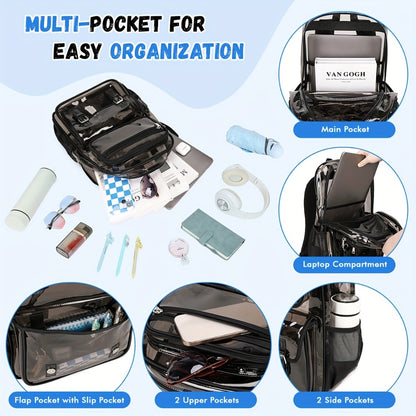 Women's PVC Transparent School Backpack with Large Capacity Multi-Pocket Bookbag, Adjustable Shoulder Straps & Transparent Panels Suitable for School, College, Office, Computer Bag, Laptop Carrier, Zipper Closure