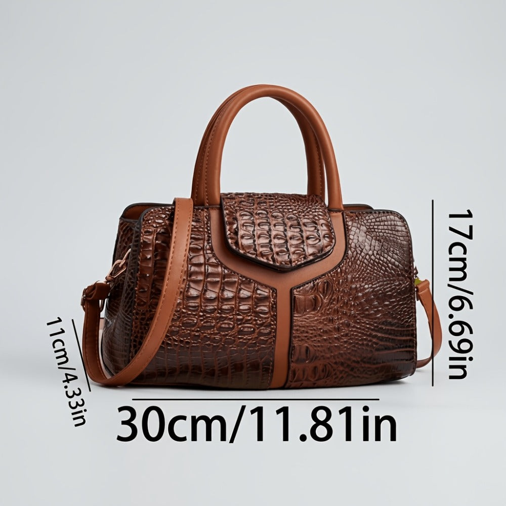 [Crocodile Embossed Satchel] Women's Crocodile Embossed Satchel Handbag Beige Top Handle Purse with Detachable Shoulder Strap Structured Tote Bag