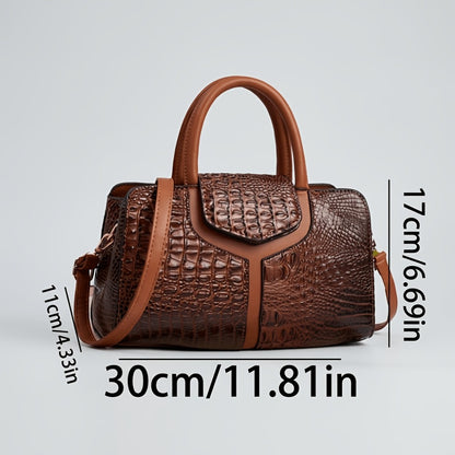 [Crocodile Embossed Satchel] Women's Crocodile Embossed Satchel Handbag Beige Top Handle Purse with Detachable Shoulder Strap Structured Tote Bag