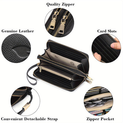 Phone Wallet for Women, Large Capacity RFID Blocking Bifold Clutch with Wrist Strap, Holds Any Smartphone, 24 Card Slots, Genuine Leather, Fits All Phones - Best Deal