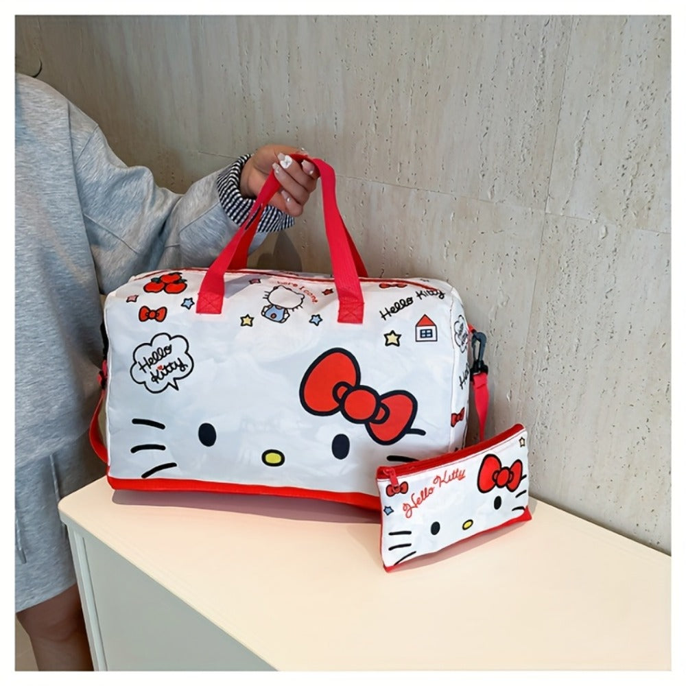 Sanrio KT Cat Stroller Travel Bag Storage Cosmetic Bag Two-Piece Kurumi Hand-Held Short-Distance Luggage Bag Large Capacity Gym Bag