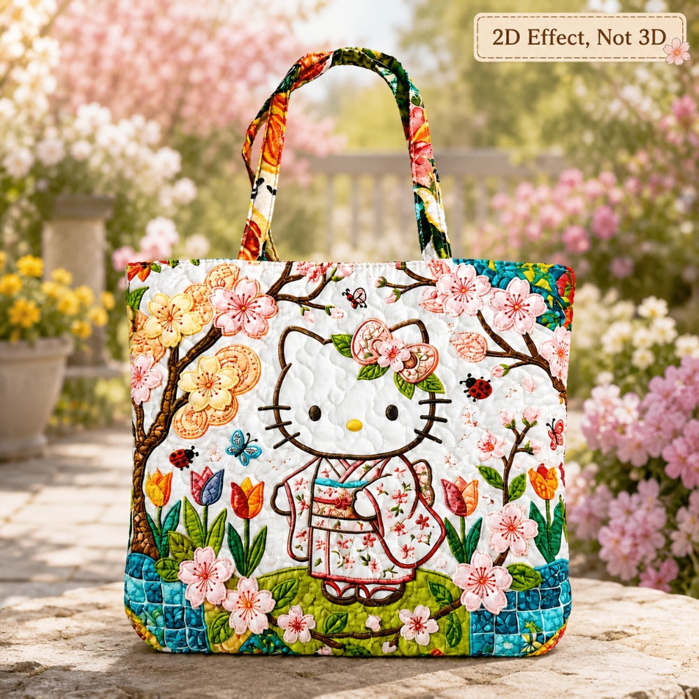 [Gift for Women] (Official Authorization) Sanrio Hello Kitty Quilted Tote Bag, Cute Floral Kimono Style Large Capacity Shoulder Handbag, Kawaii Reusable Tote for School, Travel, Shopping, Gift for Women Flat 2D Effect