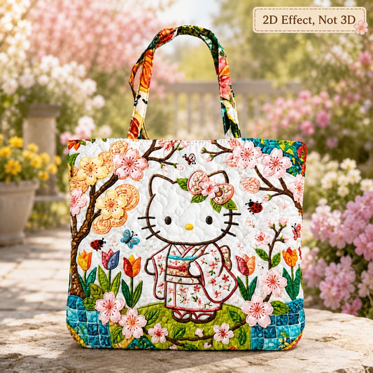 [Gift for Women] (Official Authorization) Sanrio Hello Kitty Quilted Tote Bag, Cute Floral Kimono Style Large Capacity Shoulder Handbag, Kawaii Reusable Tote for School, Travel, Shopping, Gift for Women Flat 2D Effect