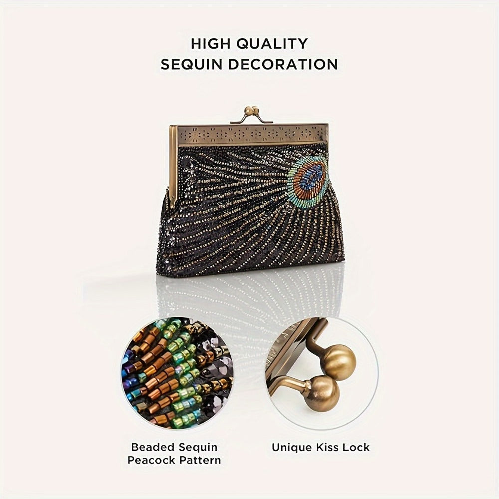 1920s Flapper Peacock Clutch Vintage Gatsby Sequined Evening Handbag Beaded Bag
