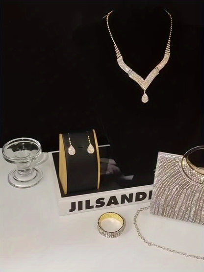 [Wedding Season] 4pcs Set: New Fashion Dinner Bag, Sparkling Water Diamond Striped Handbag, Wedding Bridesmaid Bag, Evening Bag, Dress Bag, Shoulder Bag, Wedding Season Sparkling Water Brick Necklace, Earrings, Bracelet Set