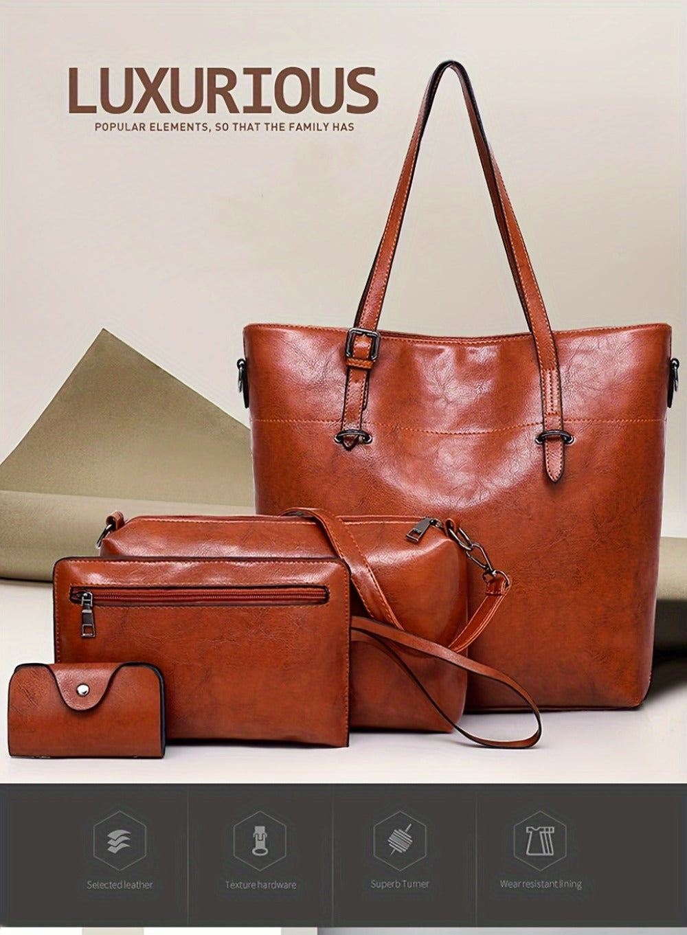 4pcs Retro Women'S Tote Bag, Elegant Pu- Crossbody Bag, Handbag, Shoulder Bag, Wallet, Suitable for Shopping And Dating