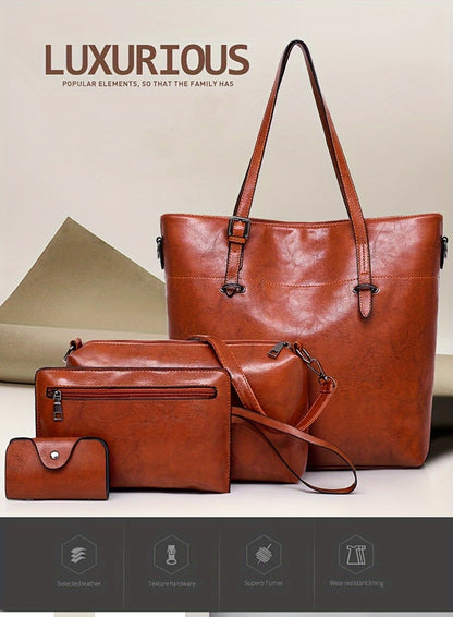 4pcs Retro Women'S Tote Bag, Elegant Pu- Crossbody Bag, Handbag, Shoulder Bag, Wallet, Suitable for Shopping And Dating