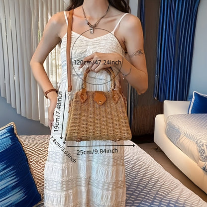 Ethnic-Inspired Vintage French-Style Woven Straw Tote Bag for Women - Bamboo Handle, Brown & Beige Check Pattern, Single Shoulder, Crossbody, and Handbag, Casual Occasion Bag|Vintageinspired Bag|Durable Handle, Straw Tote Bag