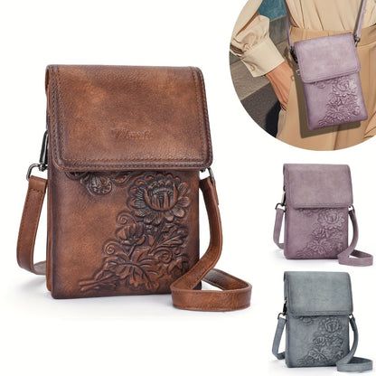 Compact Purse With Embossed Floral Design, Ideal For Women As A Mini Phone Shoulder Bag Mom Gift Tote Carry Everyday
