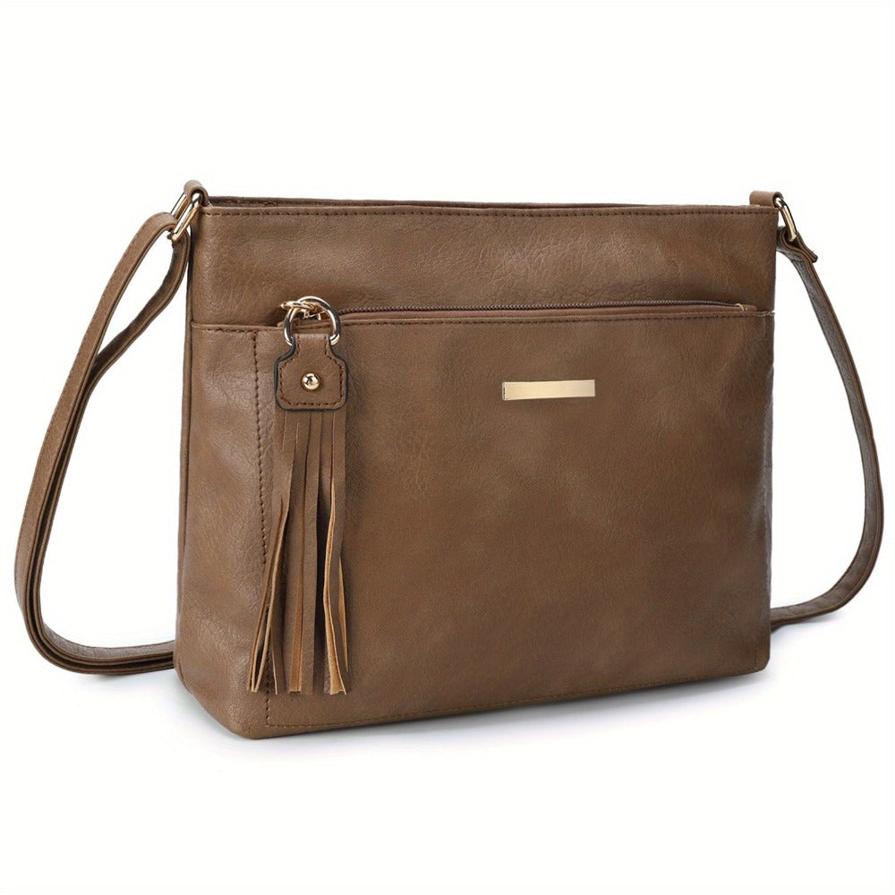 Women' Large Capacity PU Fringe Crossbody Bag with Adjustable Strap & Zipper Closure - Minimalist Fringe Accent Shoulder Purse Suitable for Daily Commuting, Travel, &