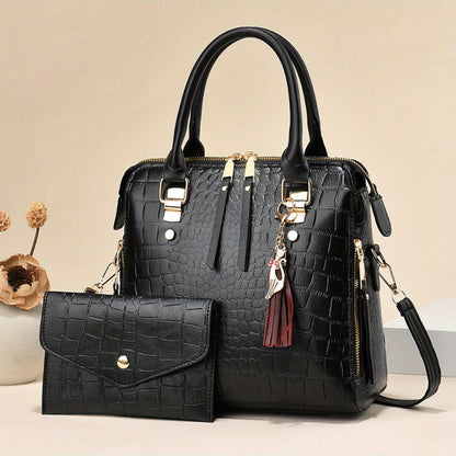 Fashion Crocodile Pattern Women's Handbag 2pcs Set, Women's Shoulder Bag with Tassel Decoration, Metal Cat Pendant Crossbody Bag