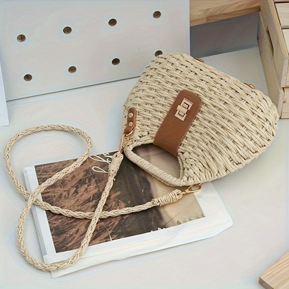 Beige Woven Straw Crossbody Bag with Lid Closure & Golden-Tone Hardware - Lightweight Elegant Design, Polyester Lining, Hand Wash/Dry Clean - Versatile for Daily Use & Travel, Secure Travel Purse, Durable Fabric Construction