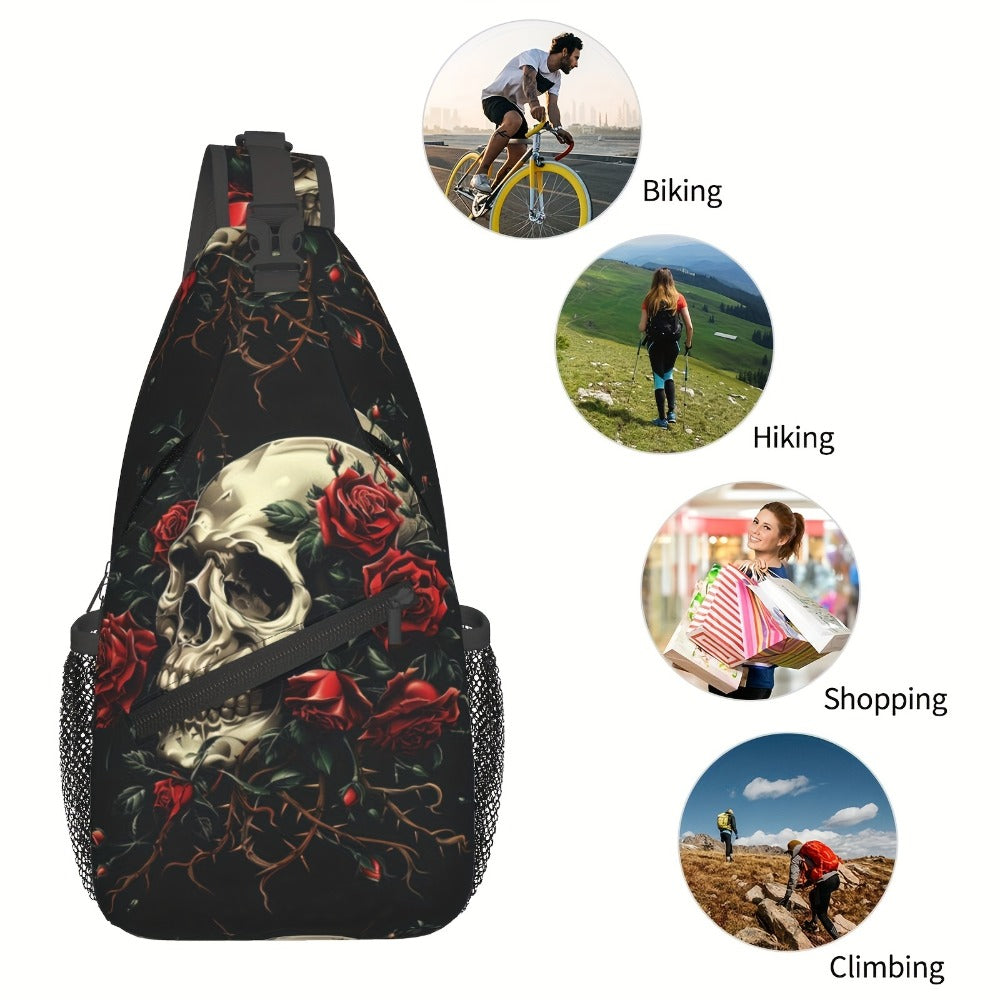 Crossbody Chest Hiking Backpack Skull And Red Roses Shoulder Folding Large Capacity Fashion Durable Can Be Used For Shopping, Work, Travel Beach Fishing Backpack Halloween Travel Backpack For School Back Christmas Gifts