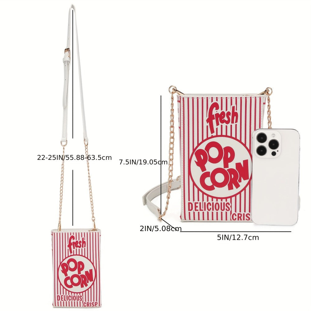 Trendy Popcorn Box Design Handbag for Women, Featuring a Crossbody Style with a Chain Strap, a Distinctive Square Shape, And an Adjustable Wallet