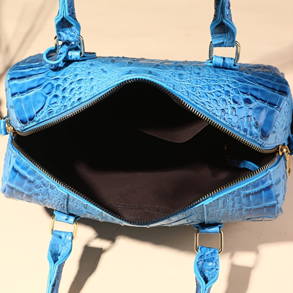 Gradient Crocodile Embossed Boston Bag for Women, Vintage Glossy Synthetic Leather Barrel Handbag with Detachable Crossbody Strap, Luxury Top Handle Shoulder Purse, Large Capacity Daily Commute Handbags