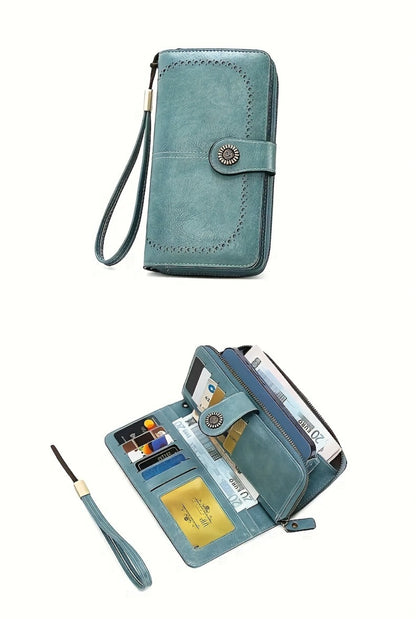 1 Pc RFID Blocking Retro Large Capacity Long Wallet PU Solid Color Women's Purse Multi-Functional Zipper Wallet with Wrist Strap Passport Ticket Credit Card Holder Can Accommodate Large Screen Phone
