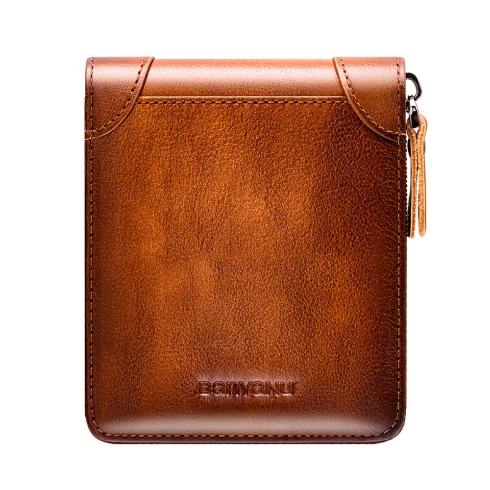 BANYANU Retro Men's Leather Zipper Wallet RFID Large Capacity Folding Multi Card Head Layer Leather Wallet Can Put Coins Wallet Father's Day Valentine's Day Gift 8 Card Slots