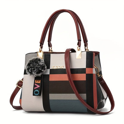 Crossbody Bag for Women – for Work & Everyday Use, Plaid Colorblock Satchel Plush Ball | Bag Vero – front view