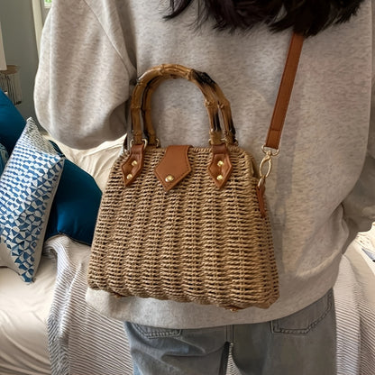 Crossbody Bag for Women – Straw, Woven Straw Bamboo Handle Brown | Bag Vero – detail view 6