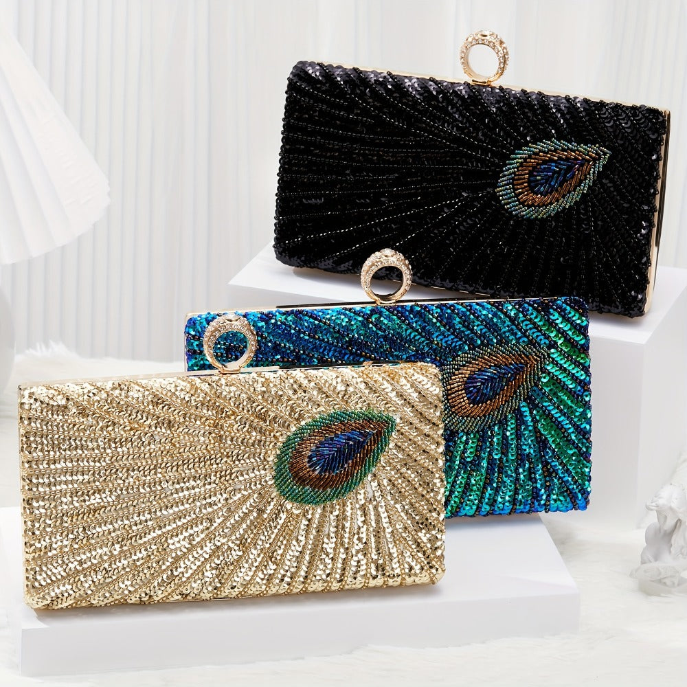 [Evening Clutch Purse] Vintage Beaded Sequins Rhinestone Evening Clutch Purse Luxury Peacock Feather Women Dinner Party Evening Bag Handbag for Wedding Formal
