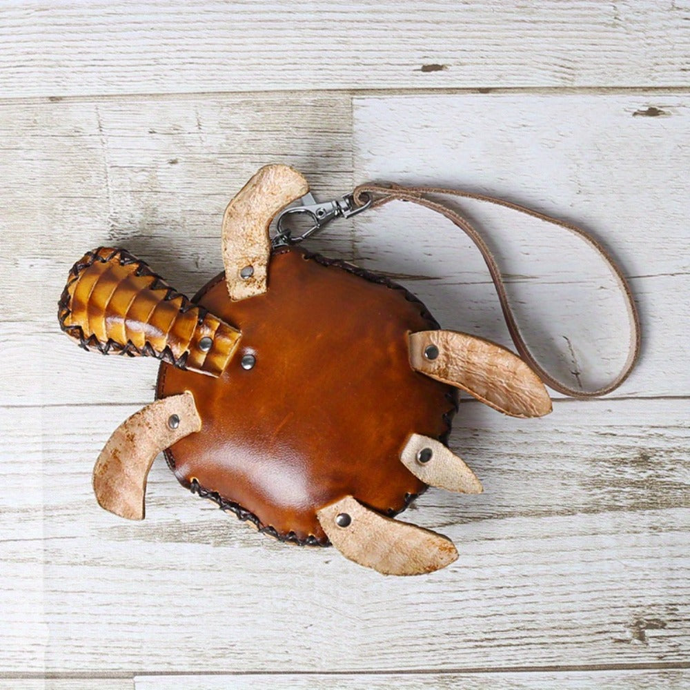 Handcrafted Retro Turtle Coin Purse - Full-Grain Cowhide Genuine Leather, Removable Genuine Leather Wristlet, Zipper Closure, Multi-Compartment for Coins/Cards/Keys, Thoughtful Gift for Women Students Friends Family