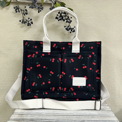 Tote Bag for Women Patched Purse Cute Shoulder Bag Multi-Pocket Satchel Handbag for Work Travel, Strawberry, Cherry, Daisy