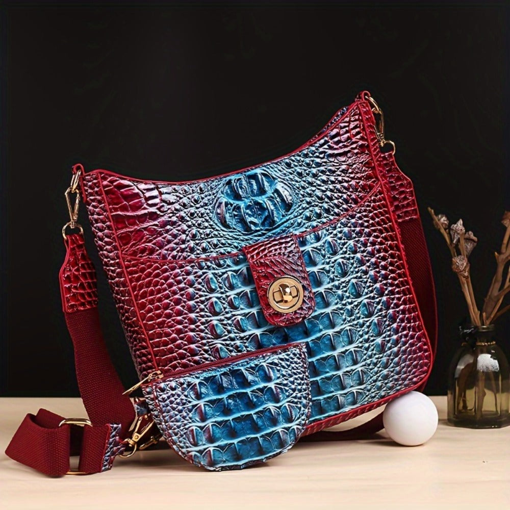 Trendy Crossbody Bag with Crocodile Pattern - Premium Bucket And Coin Purse Style - Multi-Purpose Shoulder Bag Suitable for Any Event